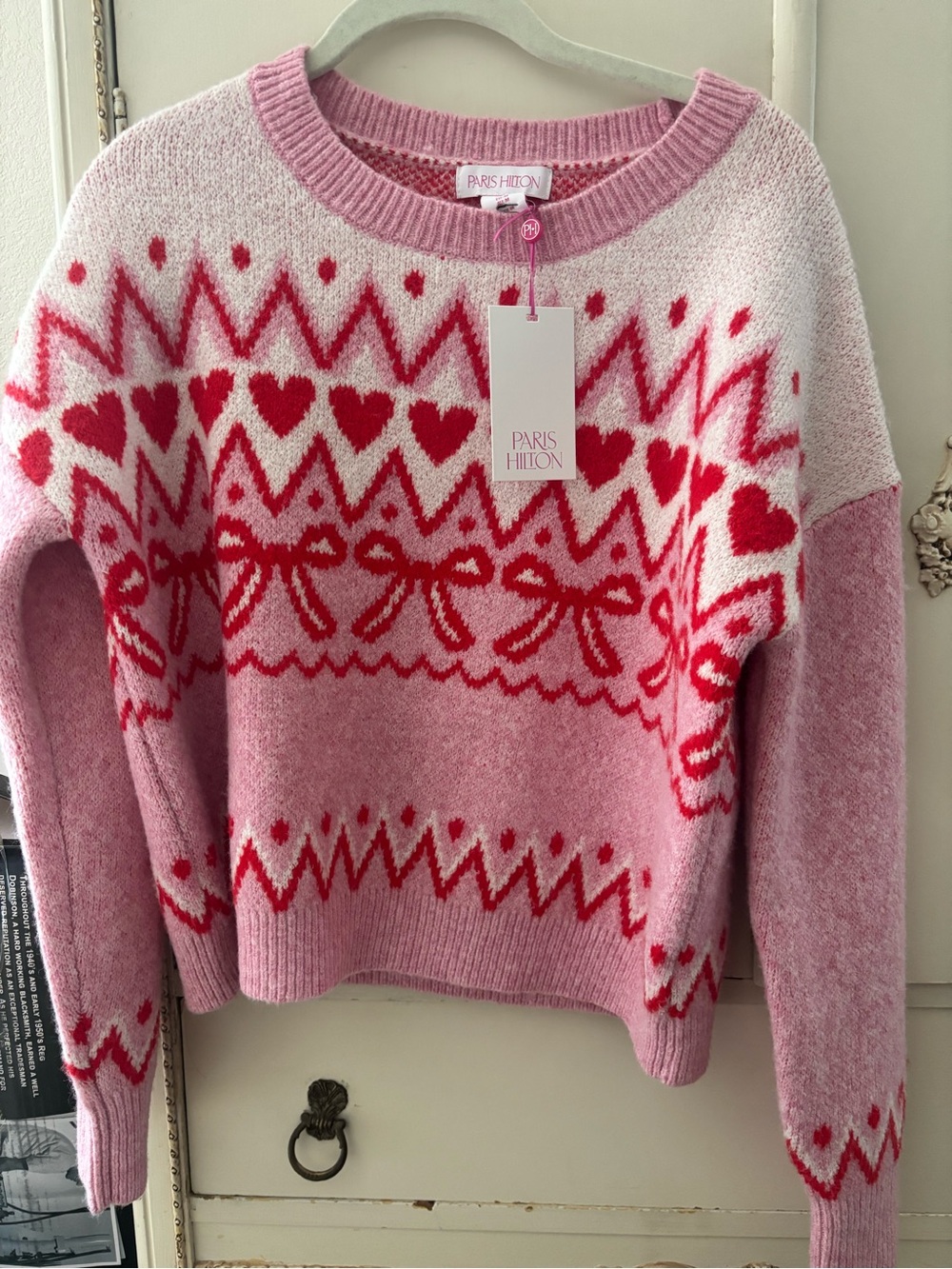 Paris Hilton Pink and Red Heart-Pattern Sweater NWT